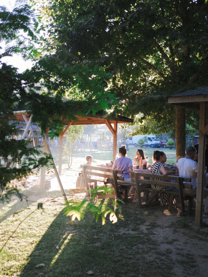 gallery-3 A group of adults enjoying relaxation at a wooded outdoor picnic area.